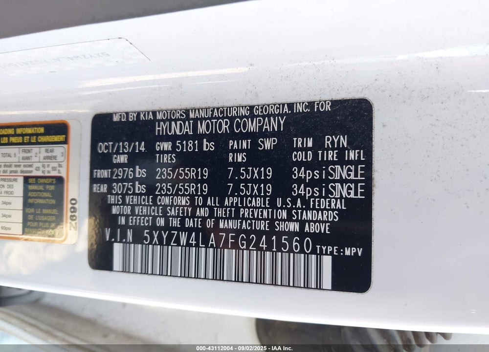 2015 HYUNDAI SANTA FE VIN: 5XYZW4LA7FG241560