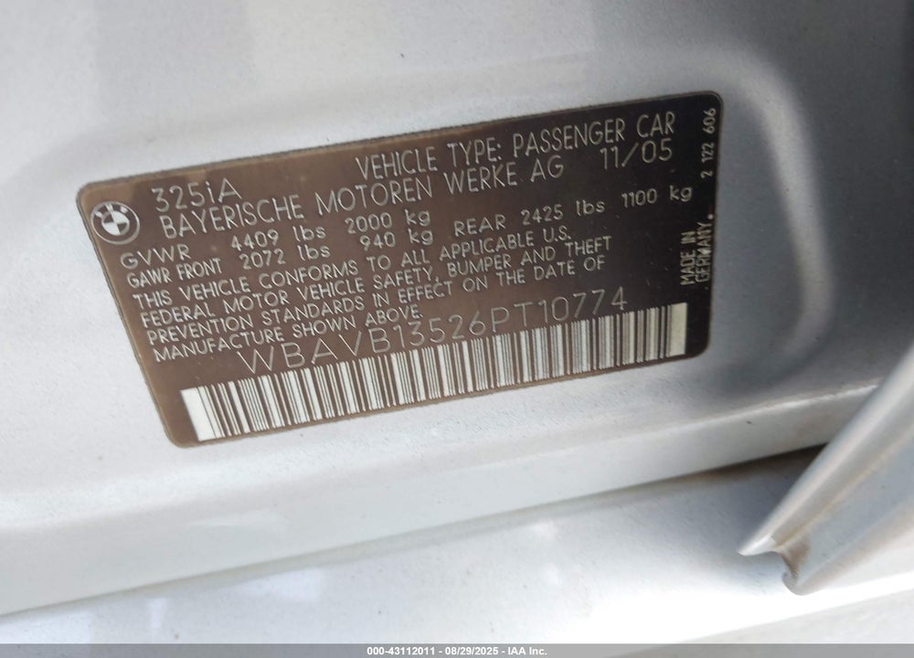 2006 BMW 325I VIN: WBAVB13526PT10774