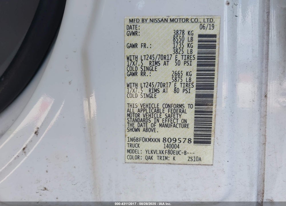 2019 NISSAN NV CARGO NV1500 SV V6 VIN: 1N6BF0KMXKN809578