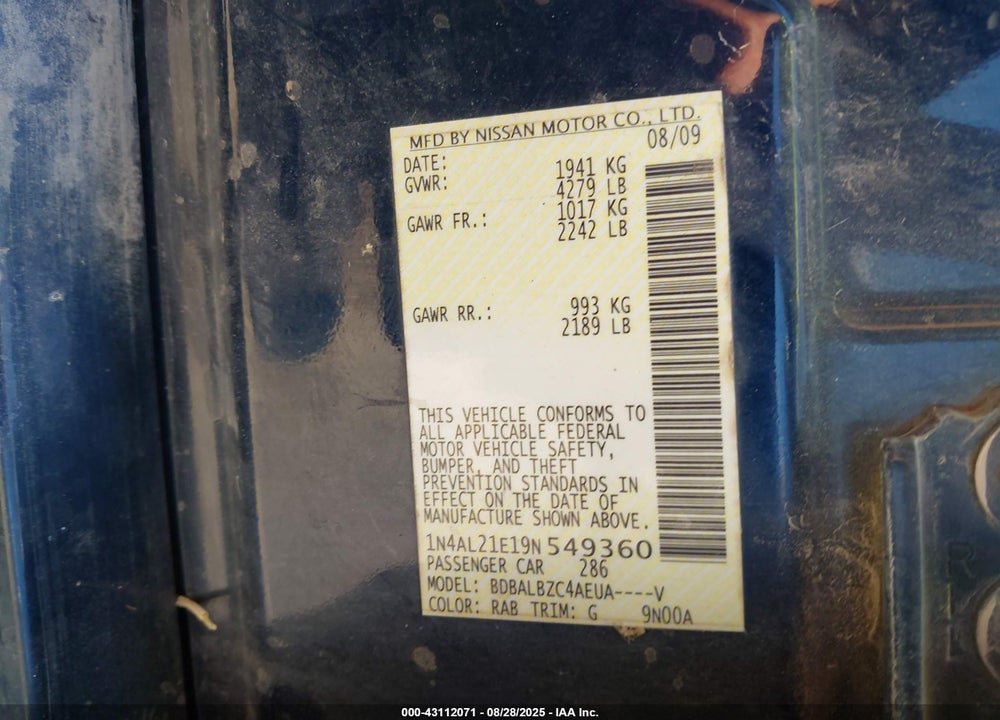 2009 NISSAN ALTIMA 2.5 S VIN: 1N4AL21E19N549360
