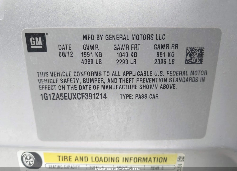 2012 CHEVROLET MALIBU VIN: 1G1ZA5EUXCF391214