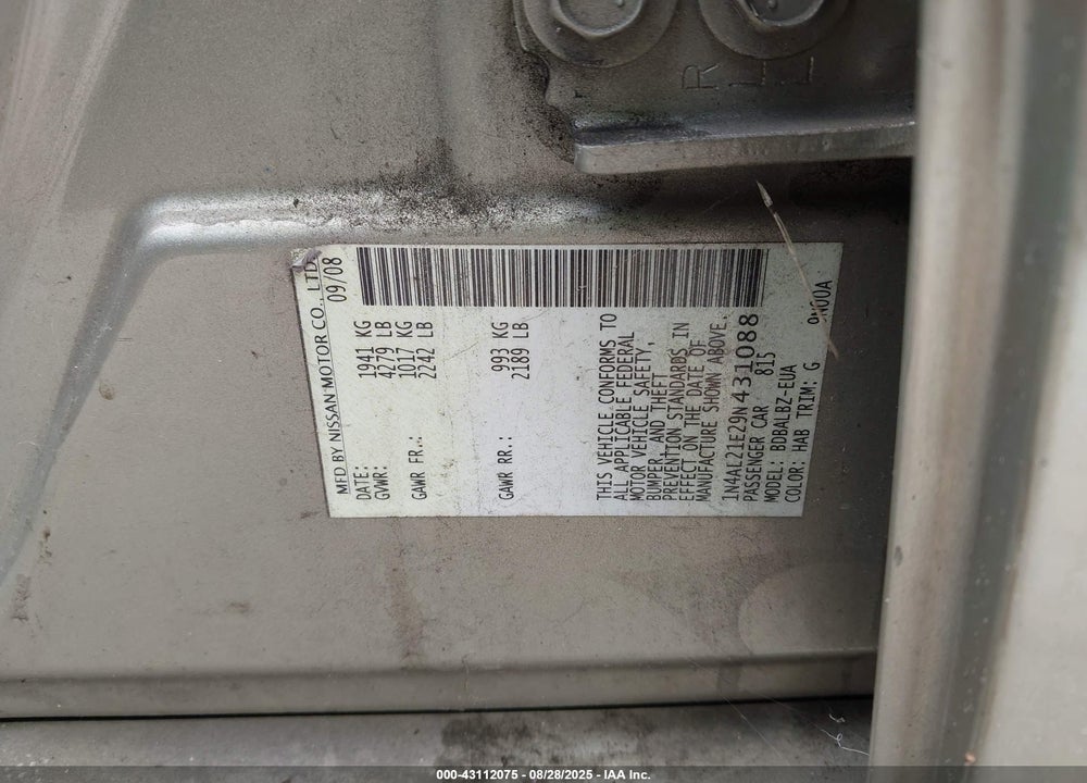 2009 NISSAN ALTIMA VIN: 1N4AL21E29N431088