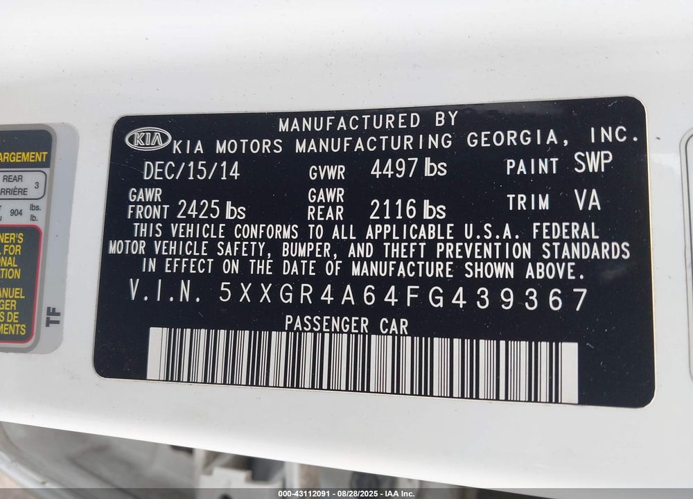 2015 KIA OPTIMA VIN: 5XXGR4A64FG439367