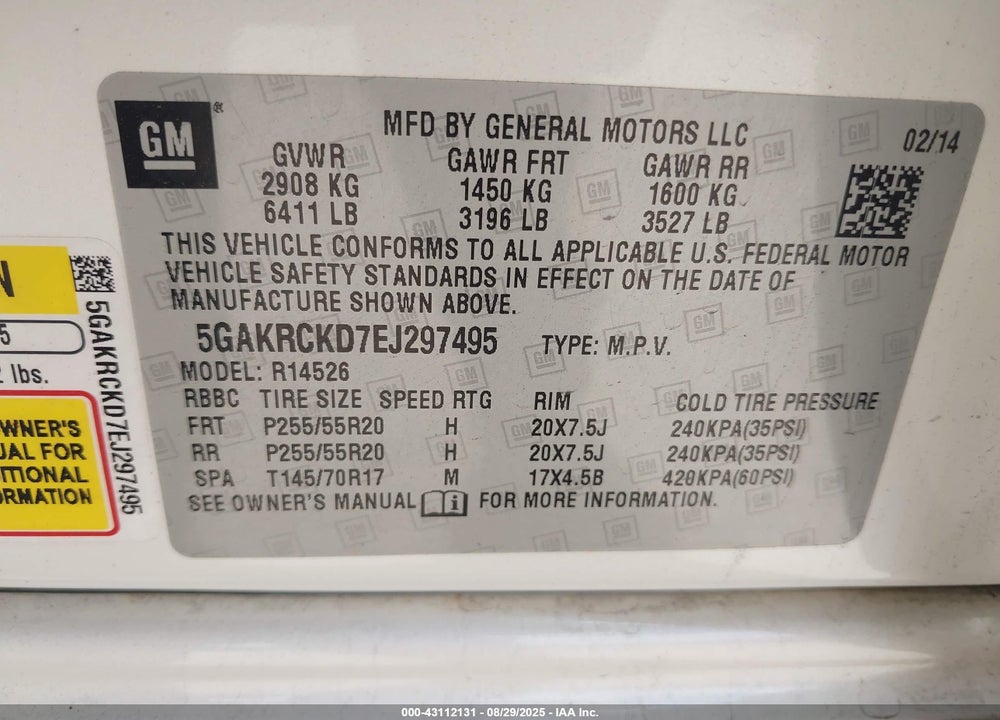 2014 BUICK ENCLAVE VIN: 5GAKRCKD7EJ297495