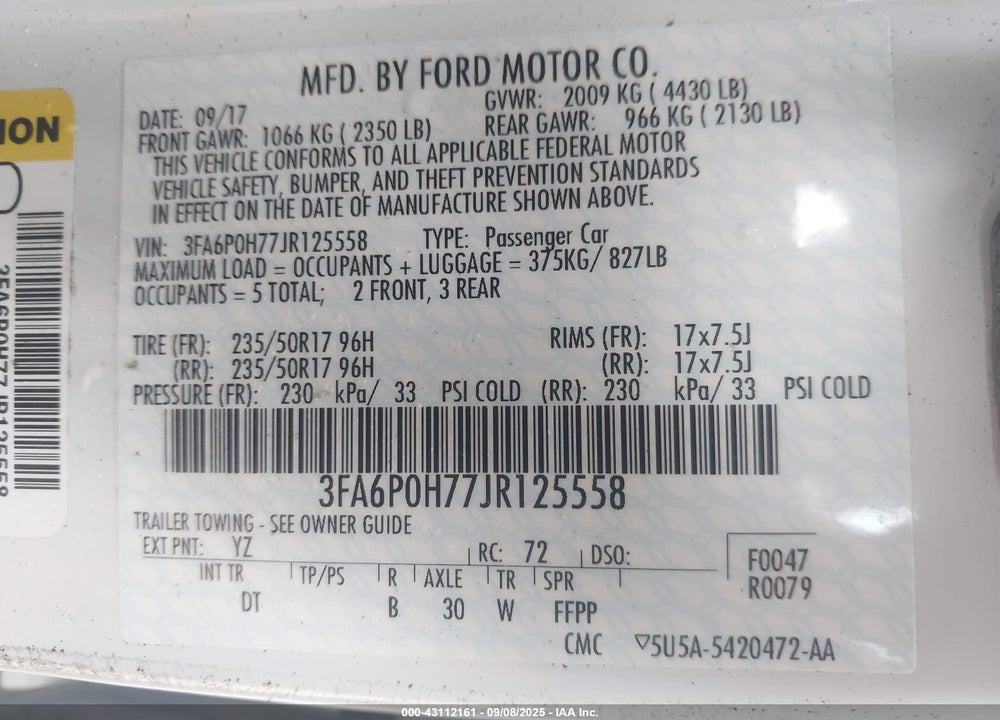 2018 FORD FUSION VIN: 3FA6P0H77JR125558