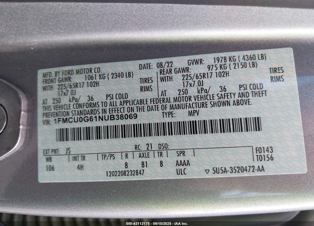 2022 FORD ESCAPE VIN: 1FMCU0G61NUB38069