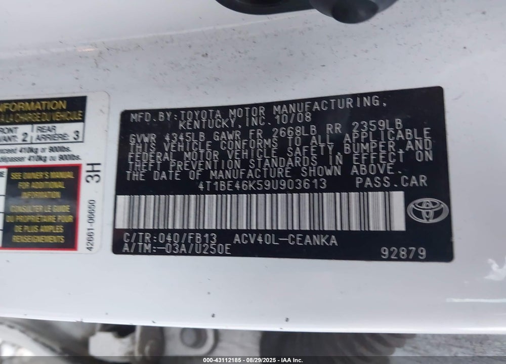 2009 TOYOTA CAMRY LE VIN: 4T1BE46K59U903613