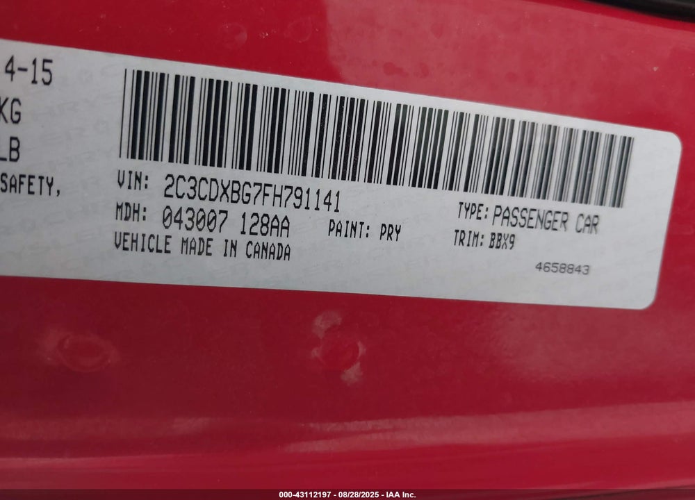 2015 DODGE CHARGER VIN: 2C3CDXBG7FH791141