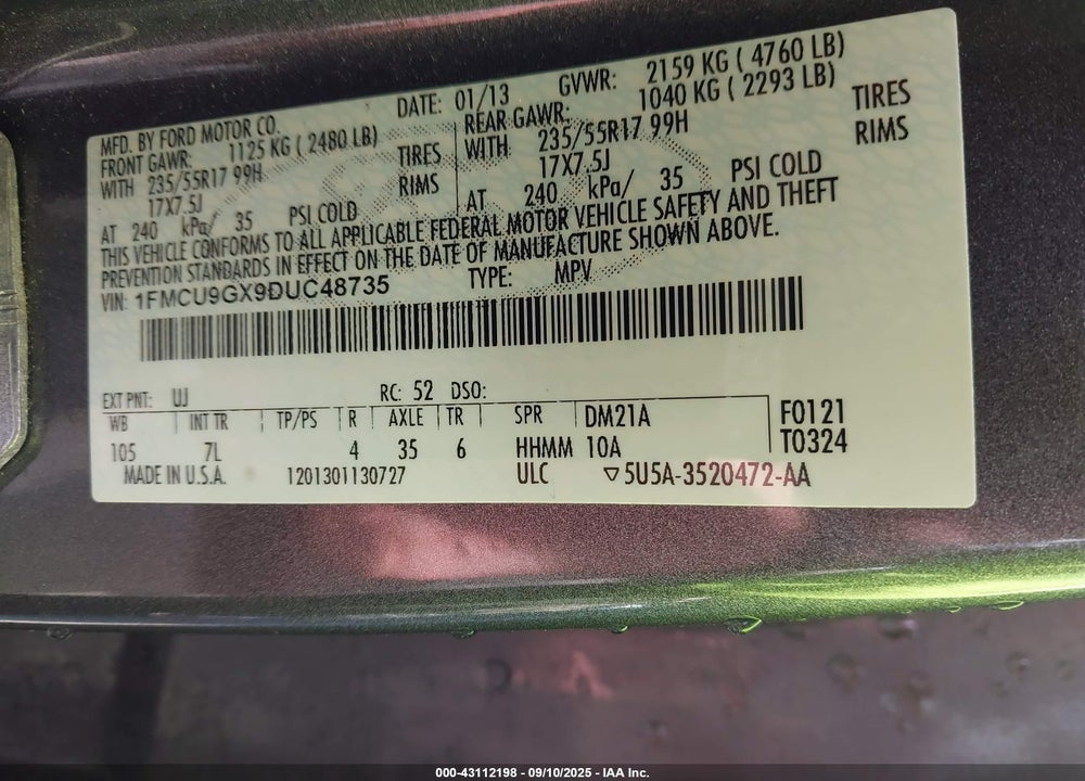 2013 FORD ESCAPE VIN: 1FMCU9GX9DUC48735