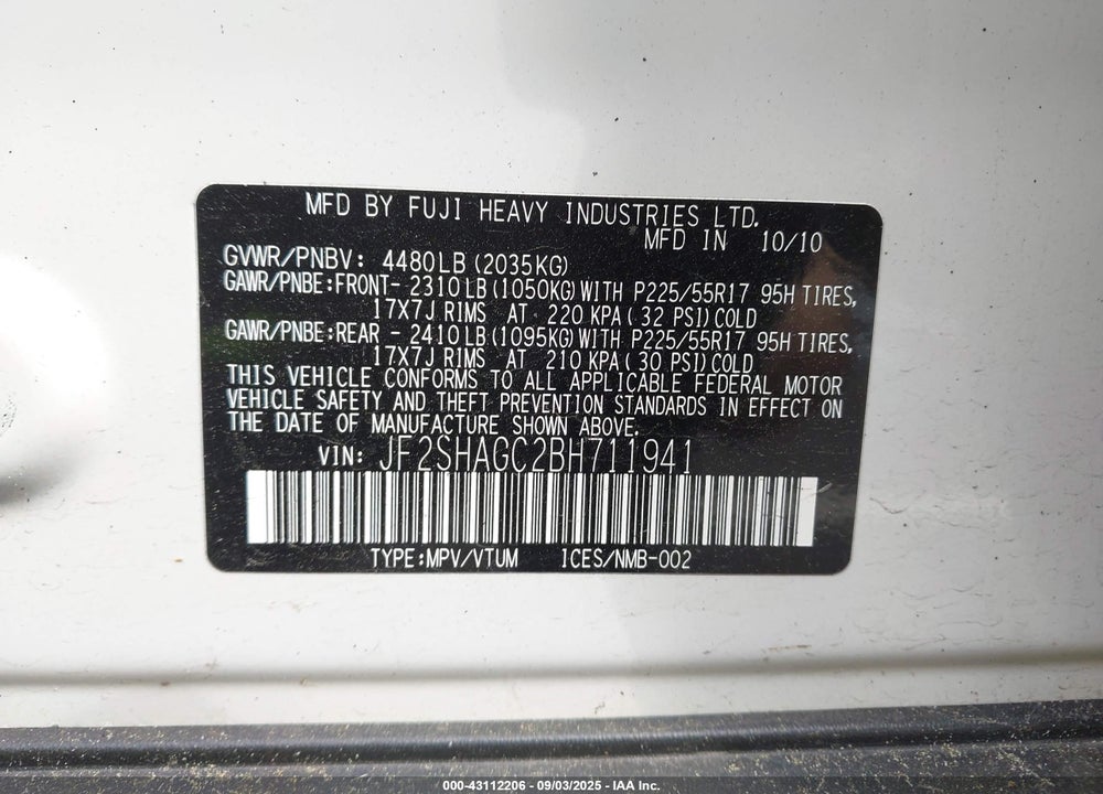 2011 SUBARU FORESTER VIN: JF2SHAGC2BH711941