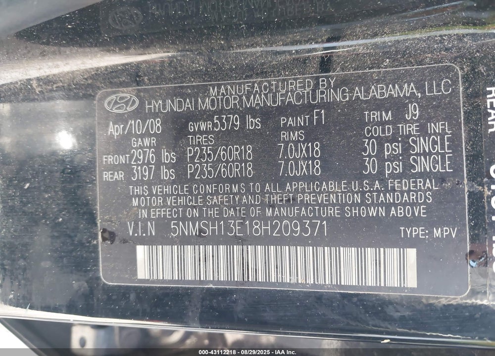 2008 HYUNDAI SANTA FE LIMITED/SE VIN: 5NMSH13E18H209371