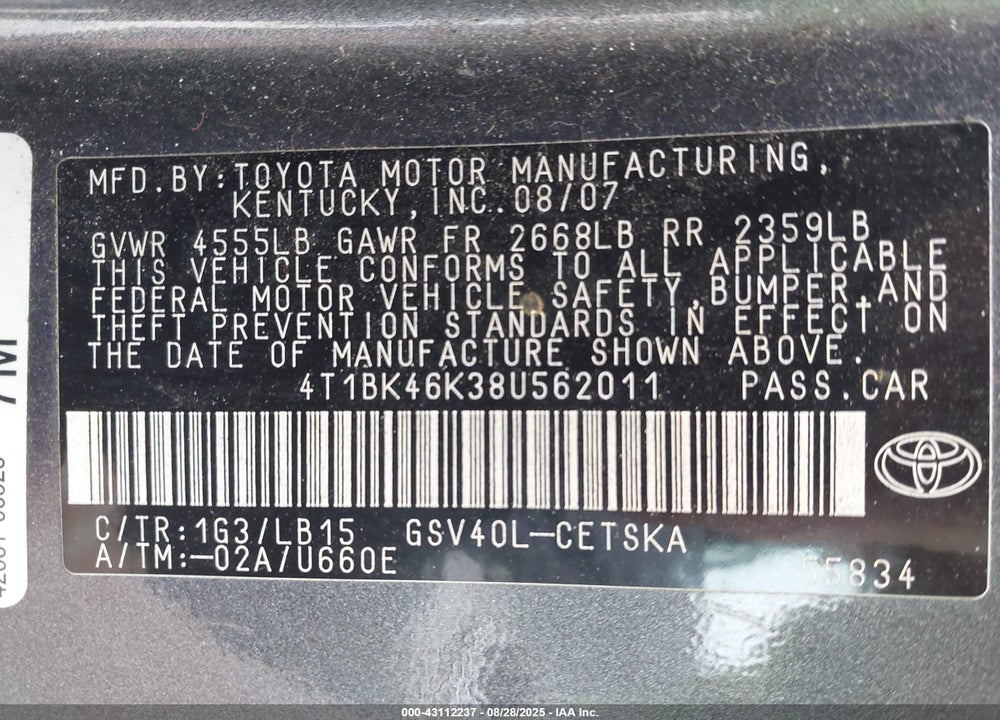 2008 TOYOTA CAMRY VIN: 4T1BK46K38U562011