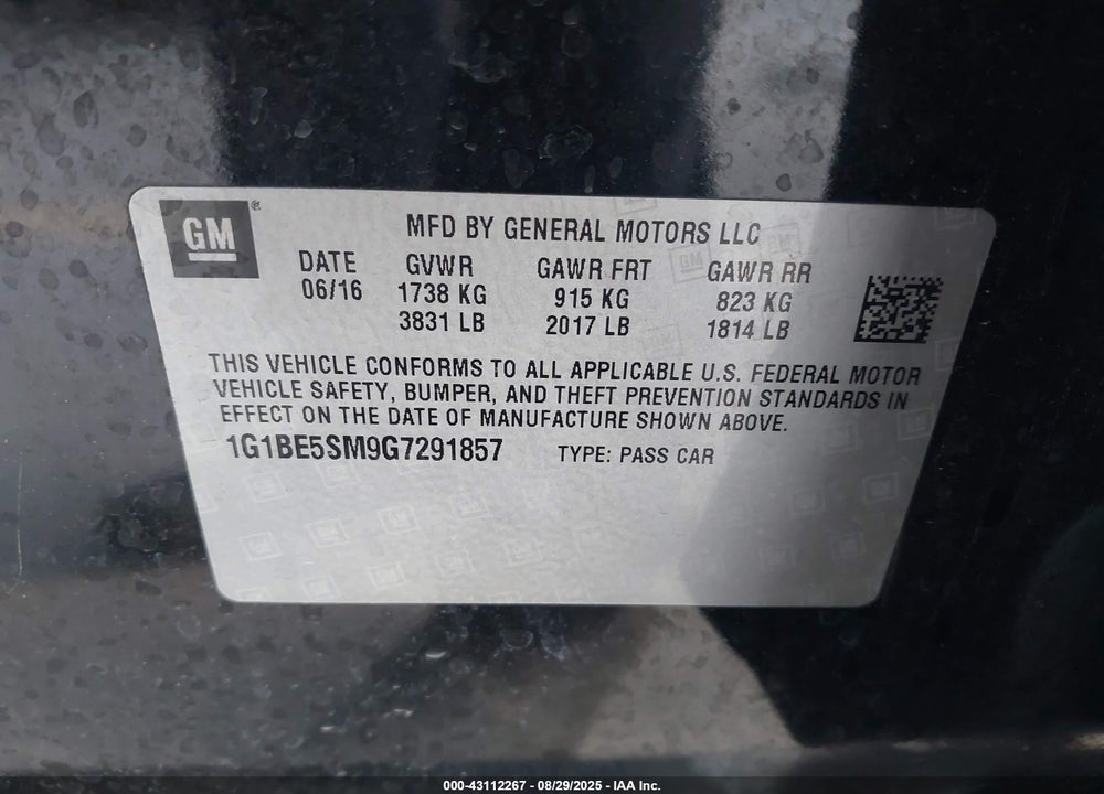 2016 CHEVROLET CRUZE VIN: 1G1BE5SM9G7291857