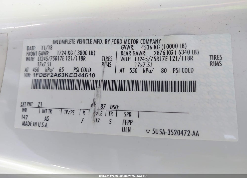 2019 FORD F-250 VIN: 1FDBF2A63KED44610