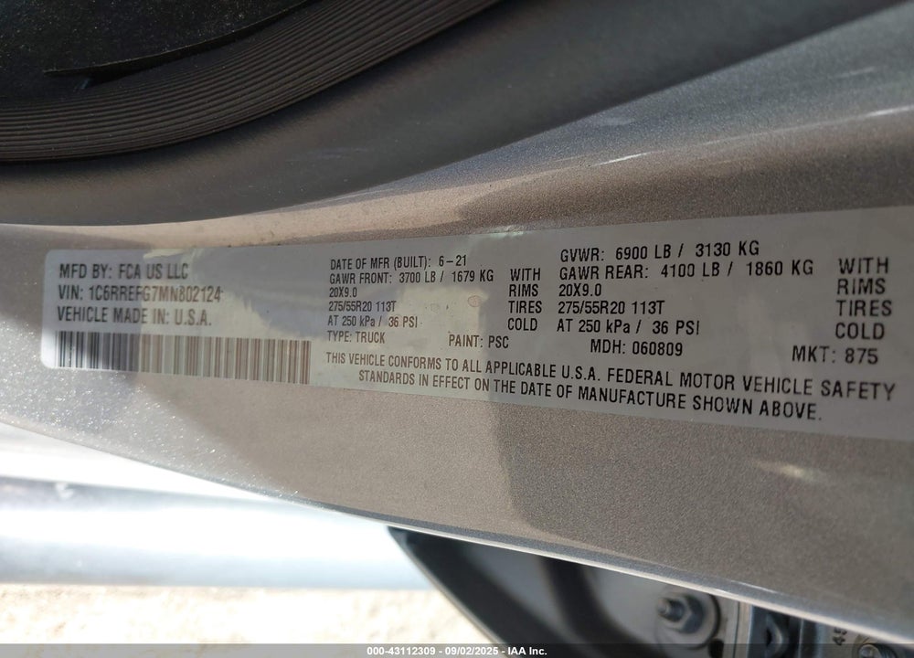 2021 RAM 1500 VIN: 1C6RREFG7MN802124