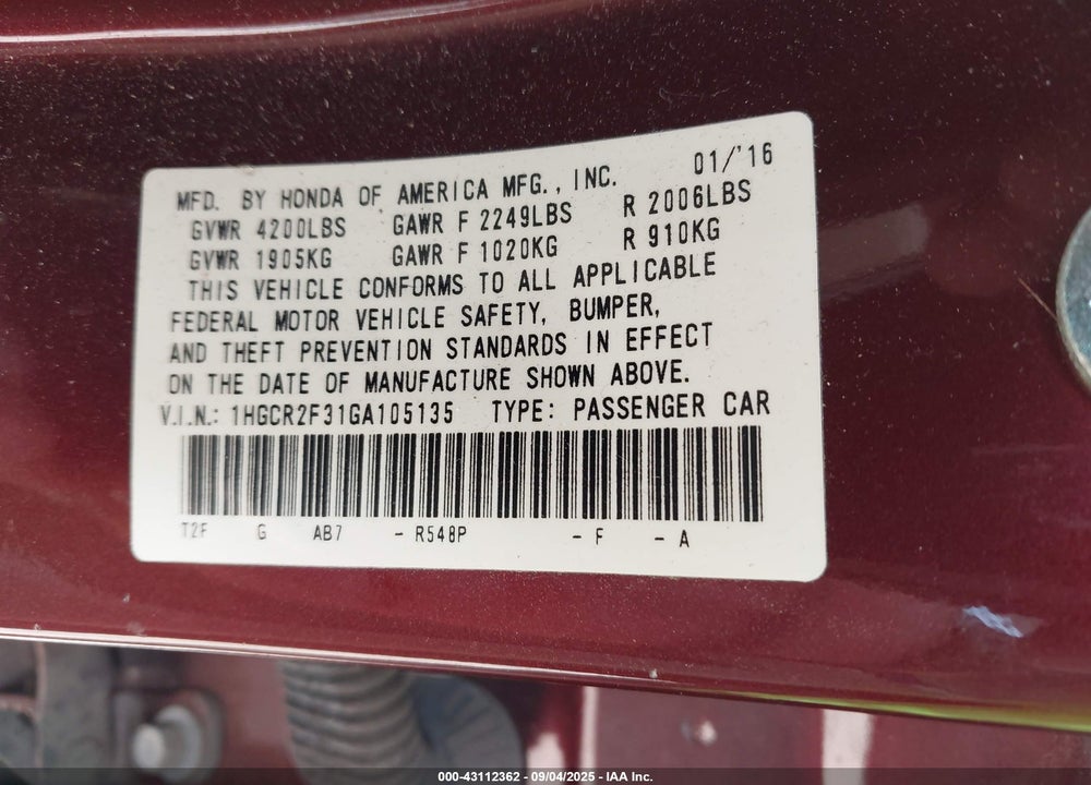 2016 HONDA ACCORD VIN: 1HGCR2F31GA105135