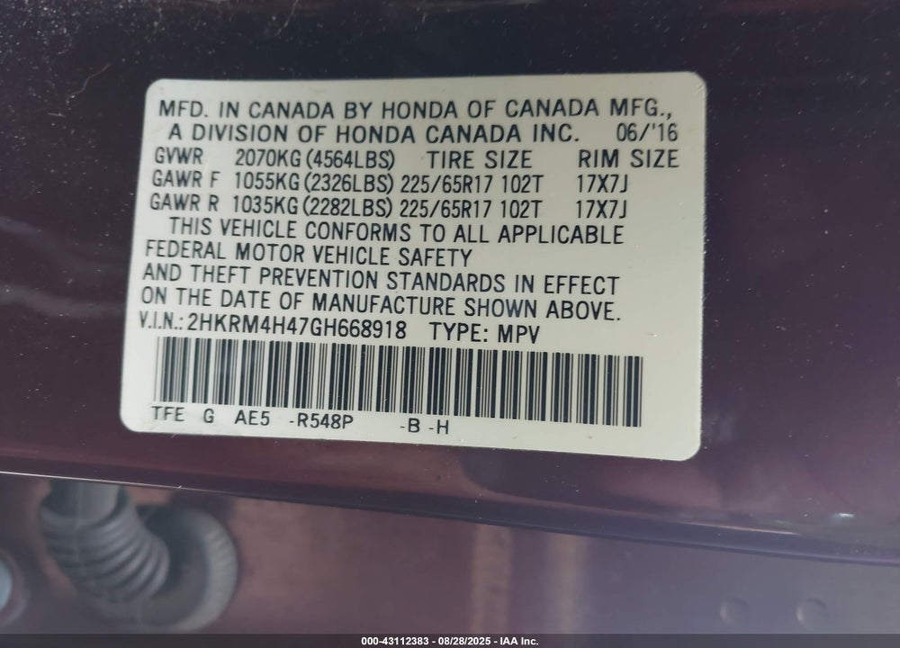 2016 HONDA CR-V VIN: 2HKRM4H47GH668918