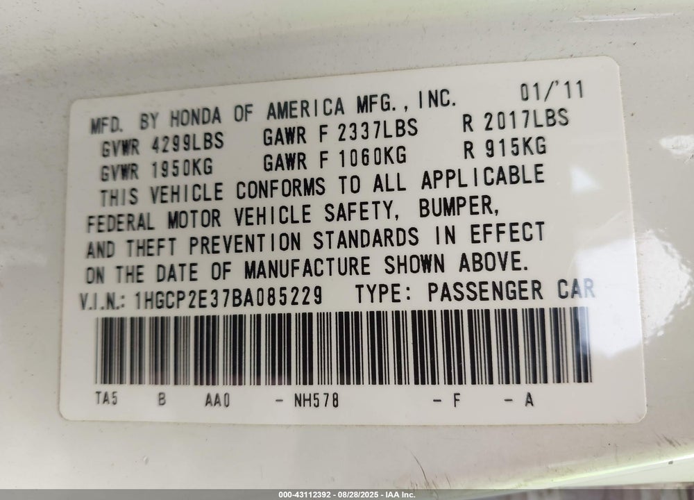 2011 HONDA ACCORD 2.4 LX VIN: 1HGCP2E37BA085229