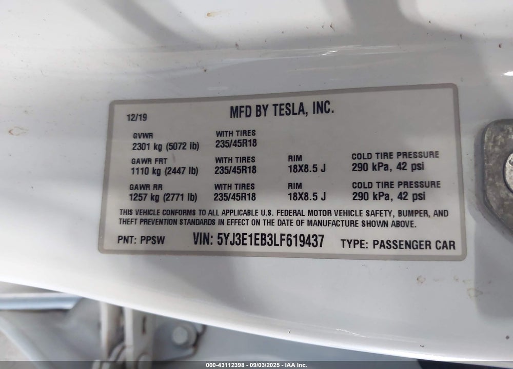 2020 TESLA MODEL 3 LONG RANGE DUAL MOTOR ALL-WHEEL DRIVE VIN: 5YJ3E1EB3LF619437
