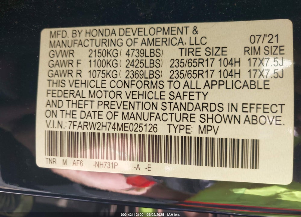 2021 HONDA CR-V VIN: 7FARW2H74ME025126