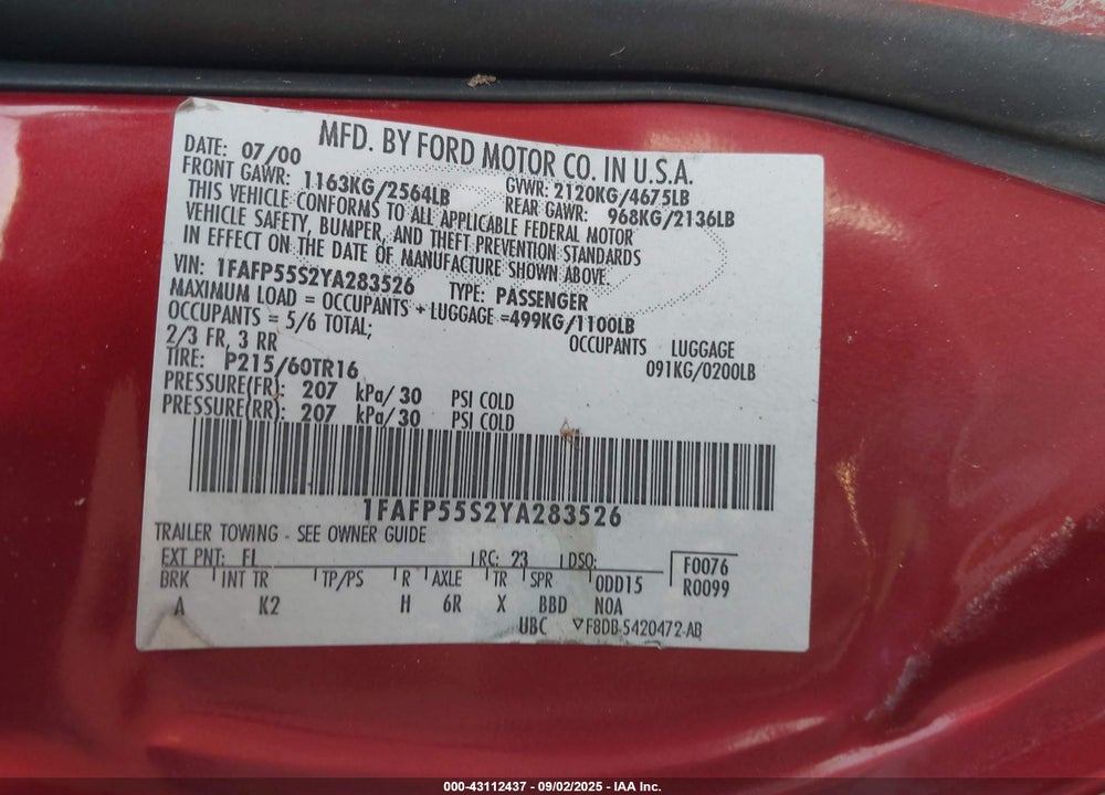 2000 FORD TAURUS SES VIN: 1FAFP55S2YA283526