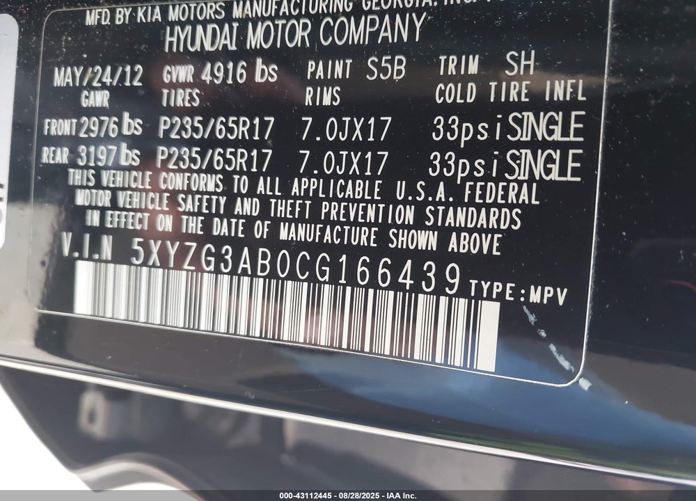 2012 HYUNDAI SANTA FE VIN: 5XYZG3AB0CG166439