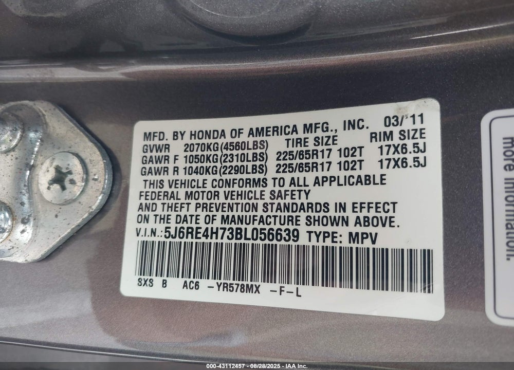 2011 HONDA CR-V VIN: 5J6RE4H73BL056639