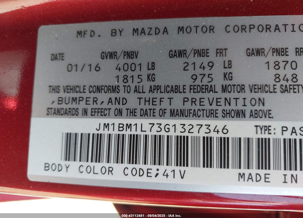 2016 MAZDA 3 I TOURING VIN: JM1BM1L73G1327346