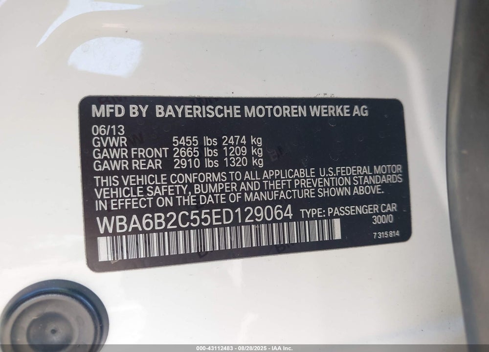 2014 BMW 6 SERIES VIN: WBA6B2C55ED129064