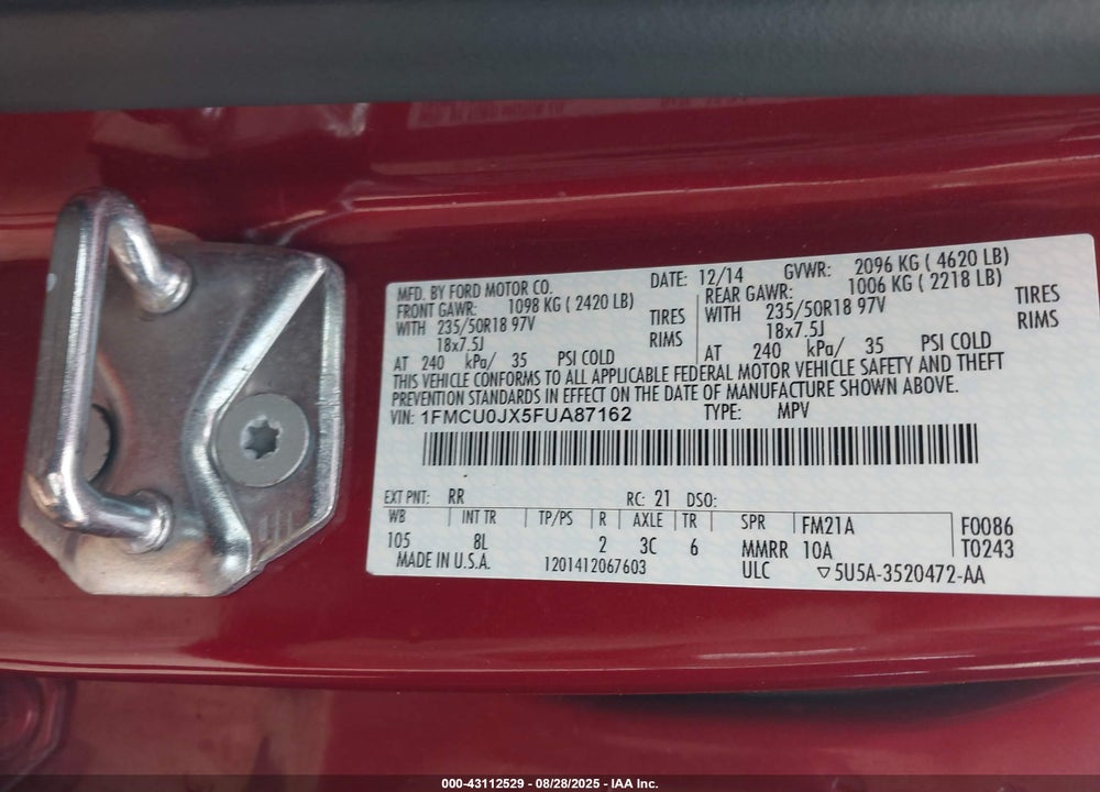 2015 FORD ESCAPE TITANIUM VIN: 1FMCU0JX5FUA87162