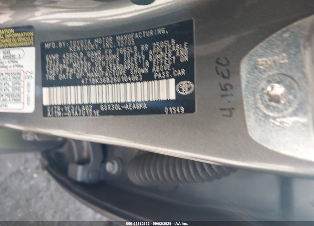 2006 TOYOTA AVALON VIN: 4T1BK36B26U104063