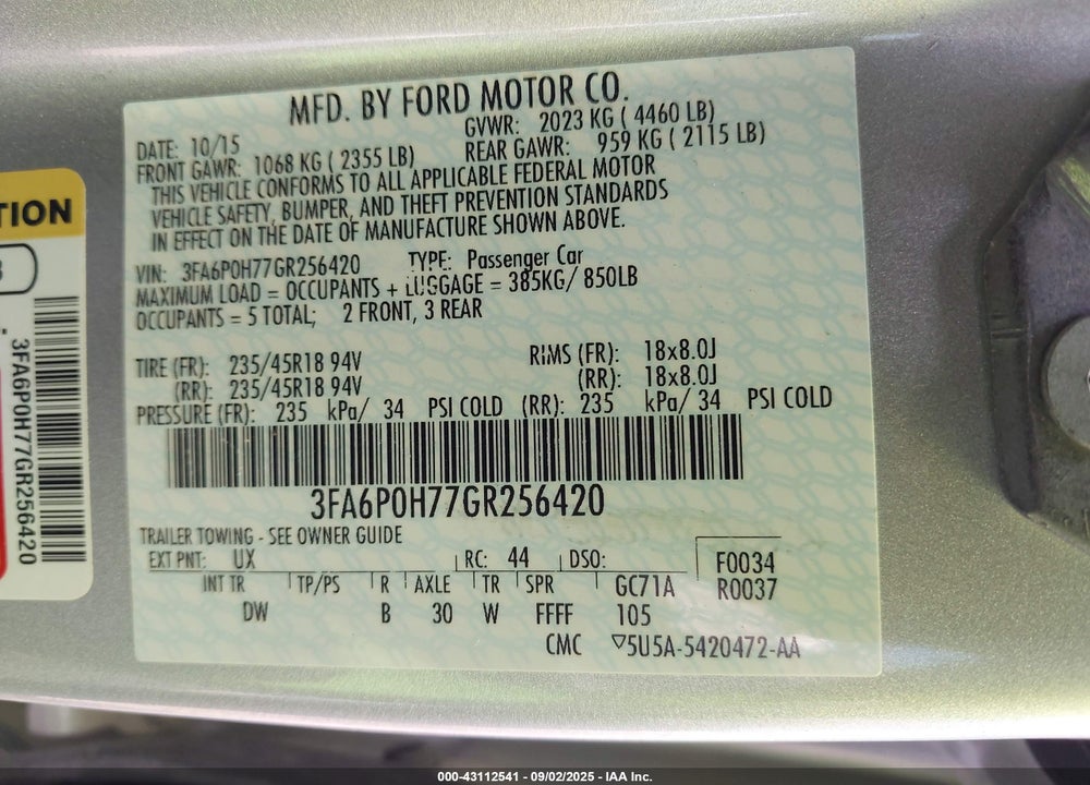2016 FORD FUSION VIN: 3FA6P0H77GR256420