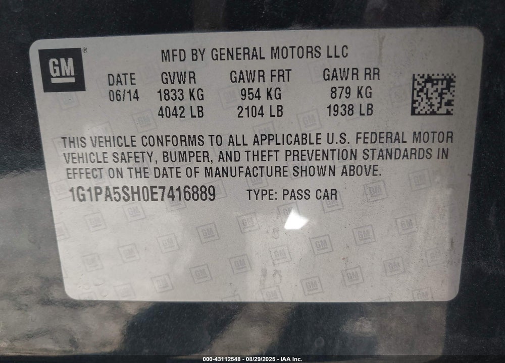 2014 CHEVROLET CRUZE VIN: 1G1PA5SH0E7416889