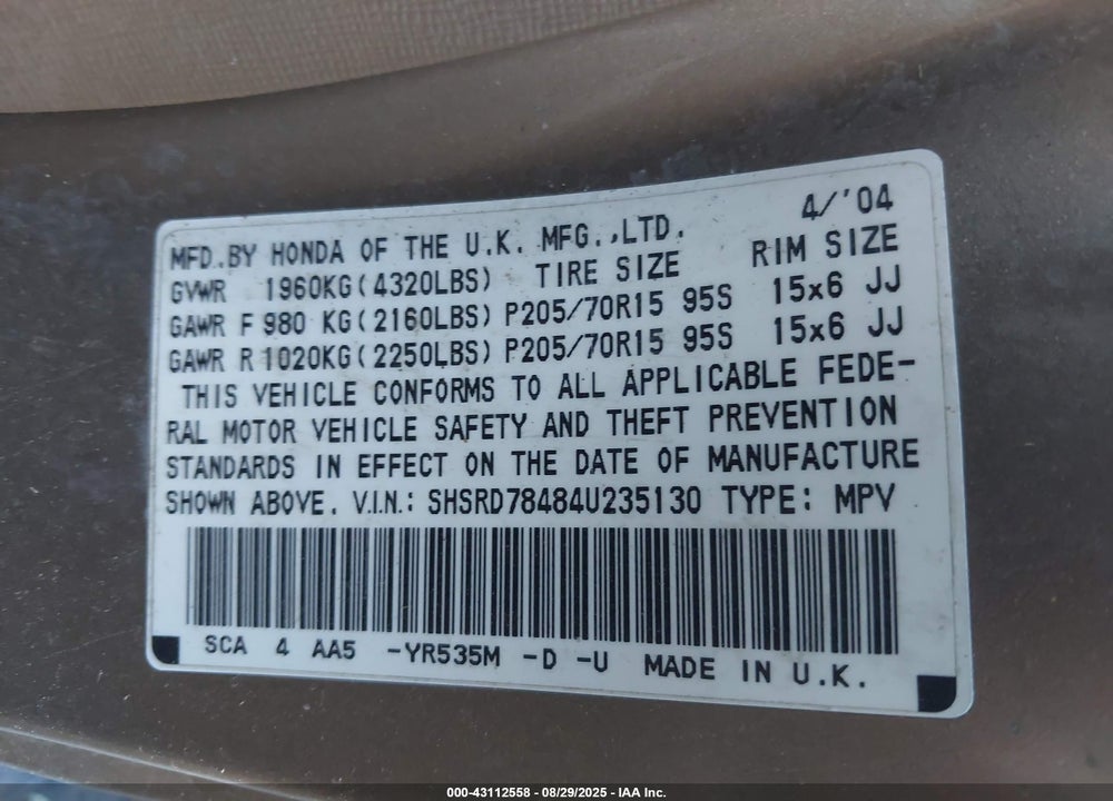 2004 HONDA CR-V LX VIN: SHSRD78484U235130