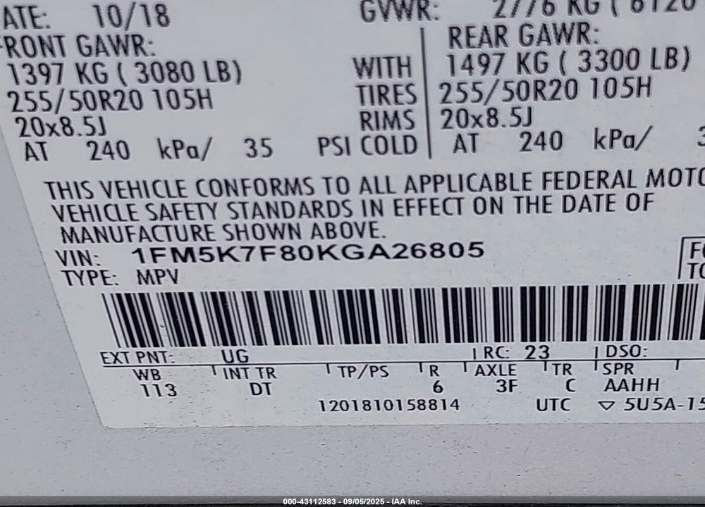2019 FORD EXPLORER VIN: 1FM5K7F80KGA26805