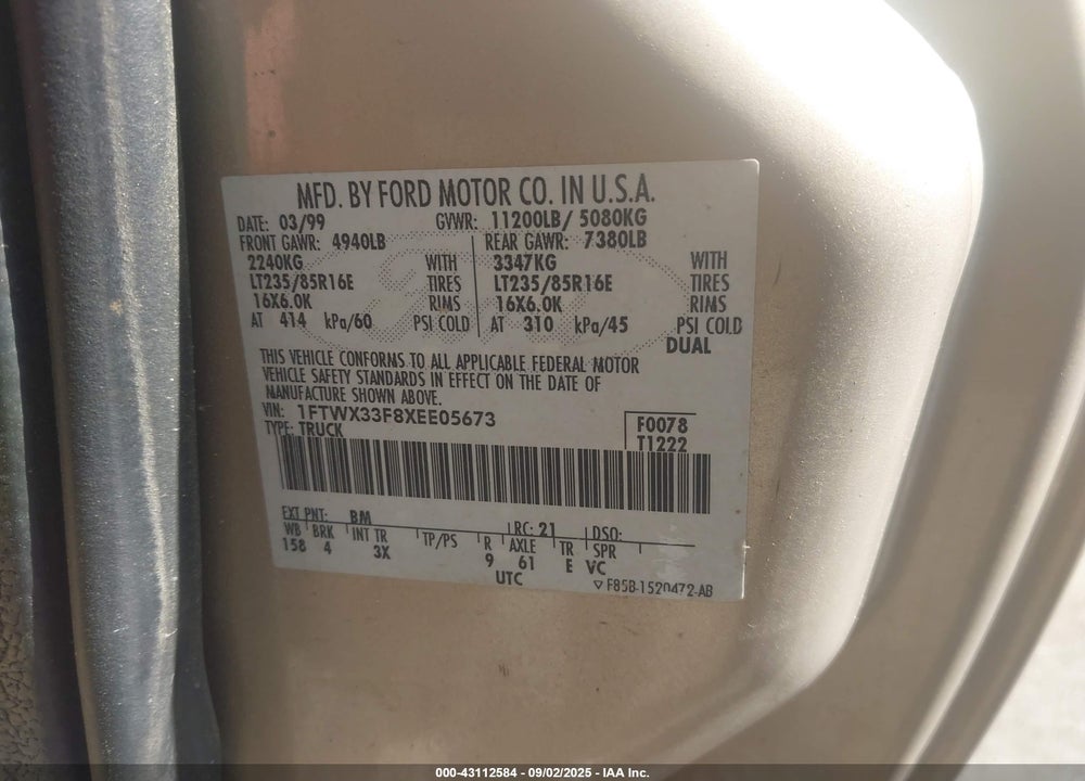 1999 FORD F-350 LARIAT/XL/XLT VIN: 1FTWX33F8XEE05673