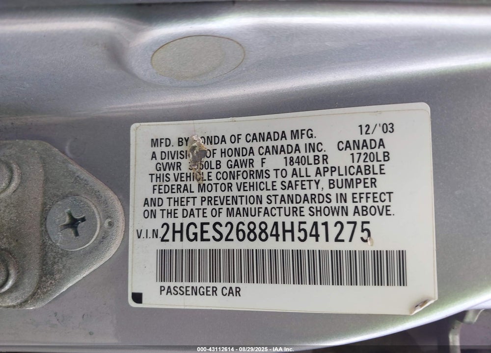 2004 HONDA CIVIC EX VIN: 2HGES26884H541275