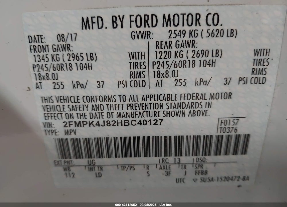 2017 FORD EDGE VIN: 2FMPK4J82HBC40127