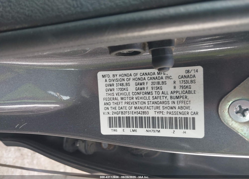 2014 HONDA CIVIC VIN: 2HGFB2F51EH542893