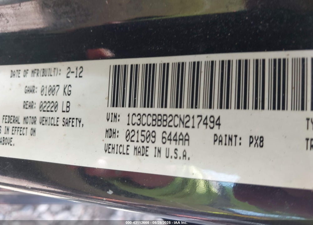 2012 CHRYSLER 200 TOURING VIN: 1C3CCBBB2CN217494