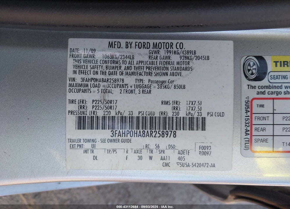 2010 FORD FUSION VIN: 3FAHP0HA8AR258978