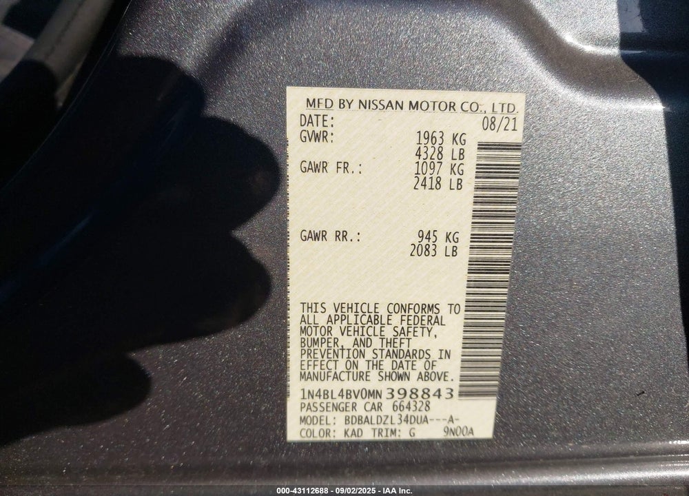 2021 NISSAN ALTIMA VIN: 1N4BL4BV0MN398843