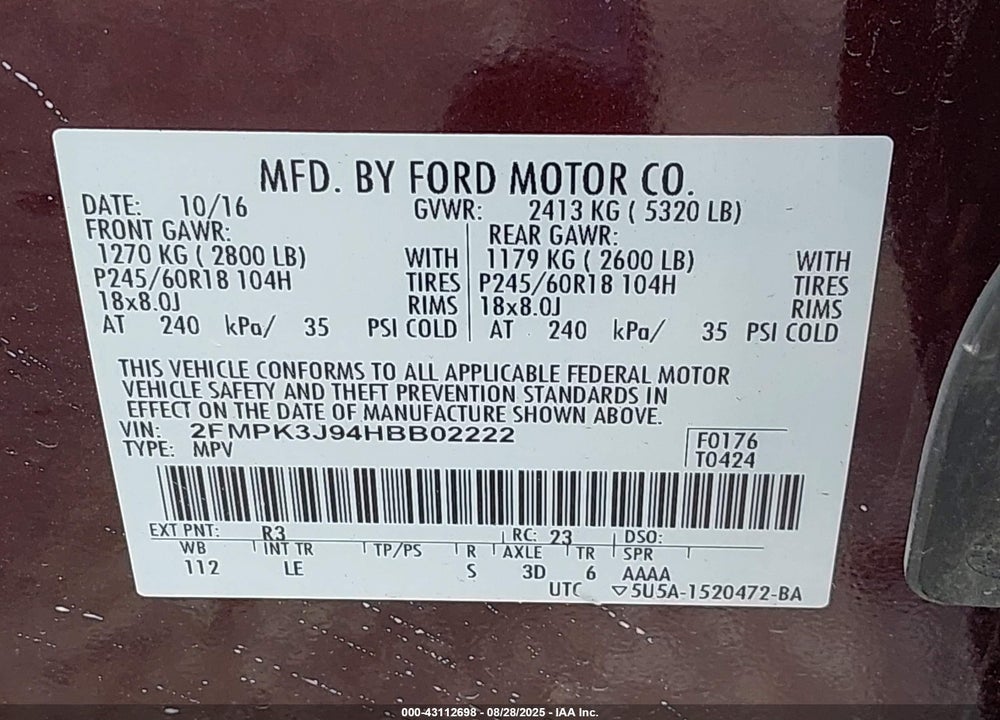 2017 FORD EDGE VIN: 2FMPK3J94HBB02222