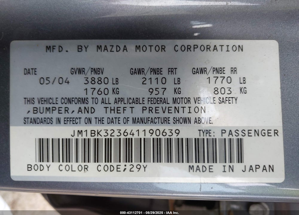 2004 MAZDA 3 S VIN: JM1BK323641190639