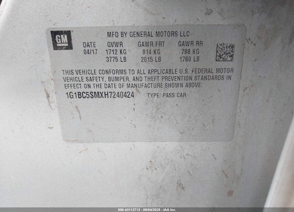 2017 CHEVROLET CRUZE VIN: 1G1BC5SMXH7240424