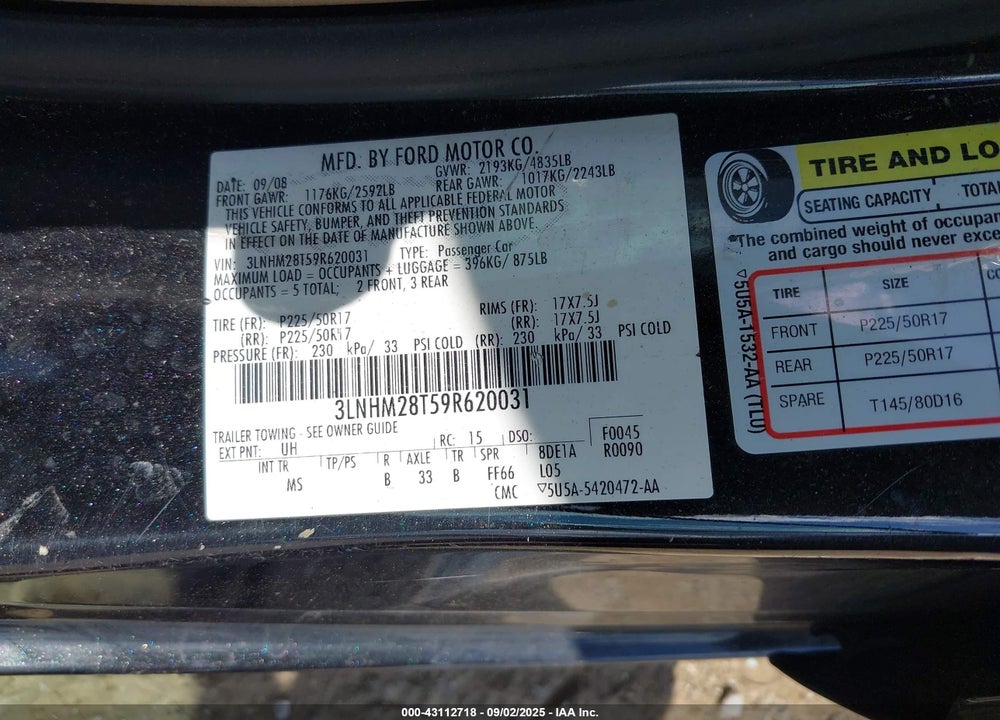 2009 LINCOLN MKZ VIN: 3LNHM28T59R620031
