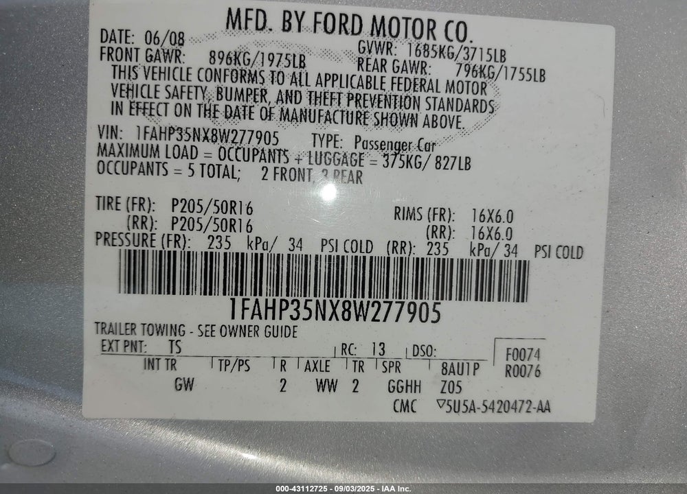 2008 FORD FOCUS SE/SES VIN: 1FAHP35NX8W277905