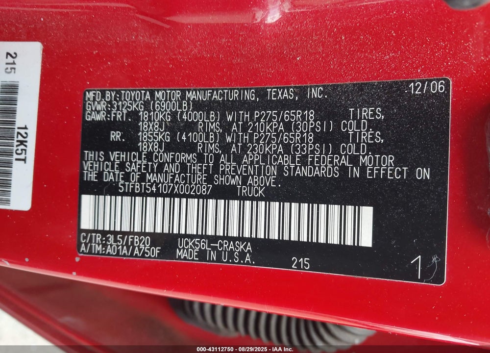 2007 TOYOTA TUNDRA SR5 4.7L V8 VIN: 5TFBT54107X002087