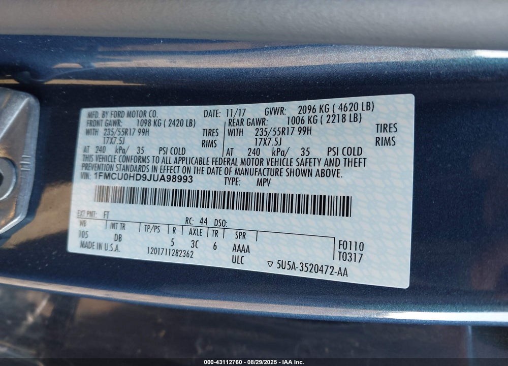 2018 FORD ESCAPE VIN: 1FMCU0HD9JUA98993