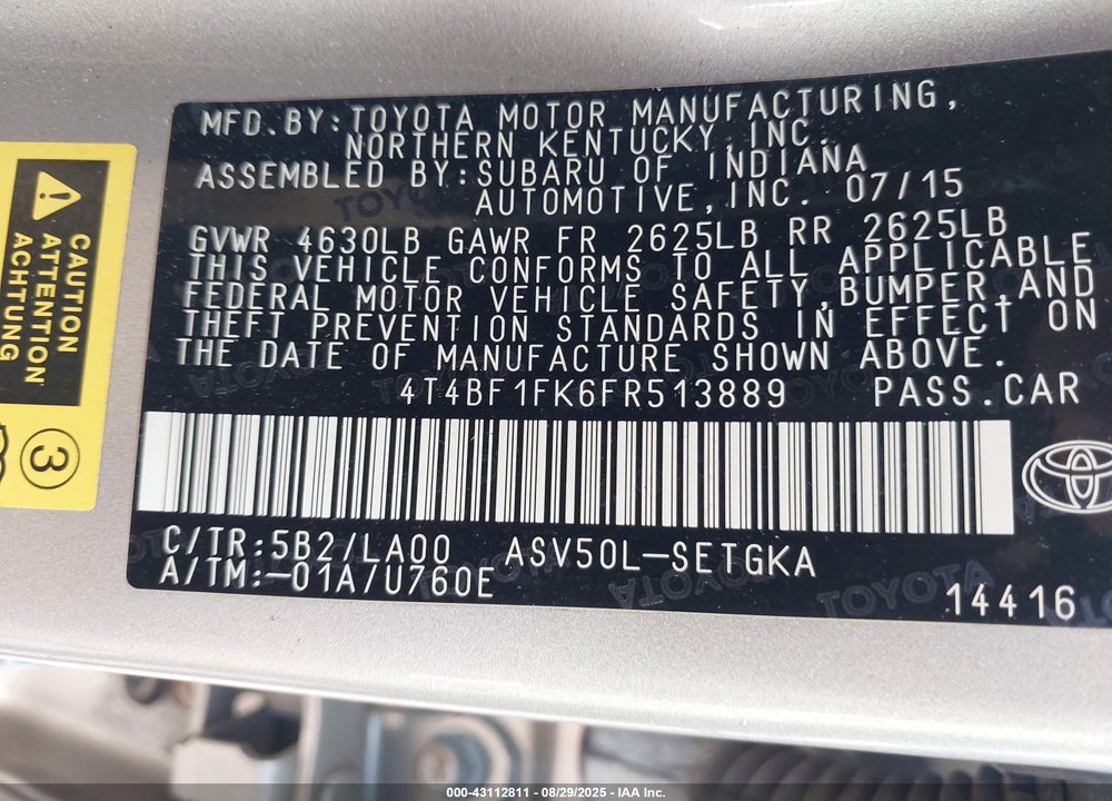 2015 TOYOTA CAMRY VIN: 4T4BF1FK6FR513889
